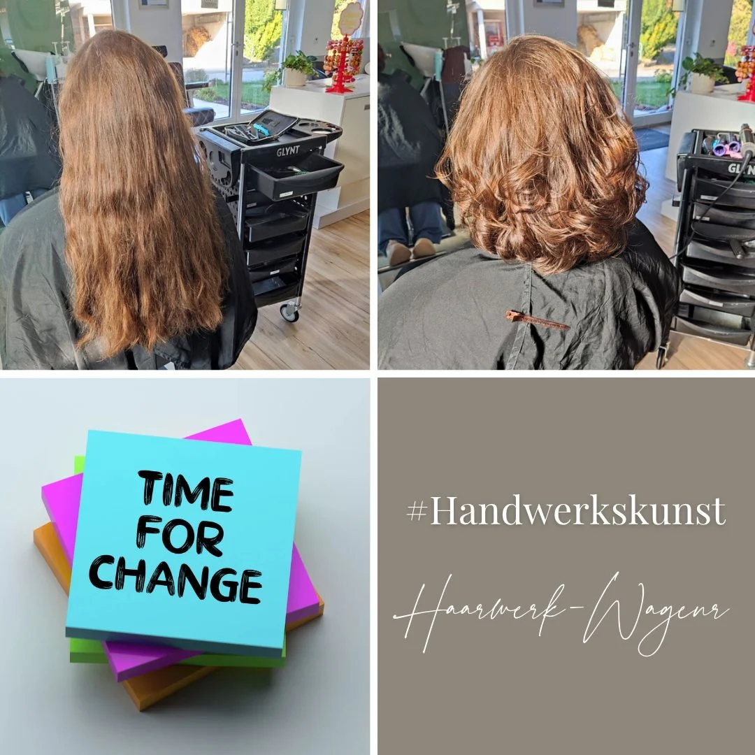 Vorher-Nachher-Collage: langes, leicht gewelltes hellbraunes Haar und ein schulterlanger, lockig gestylter Schnitt in R&uuml;ckansicht; darunter bunte Notizzettel und ein Schriftfeld.